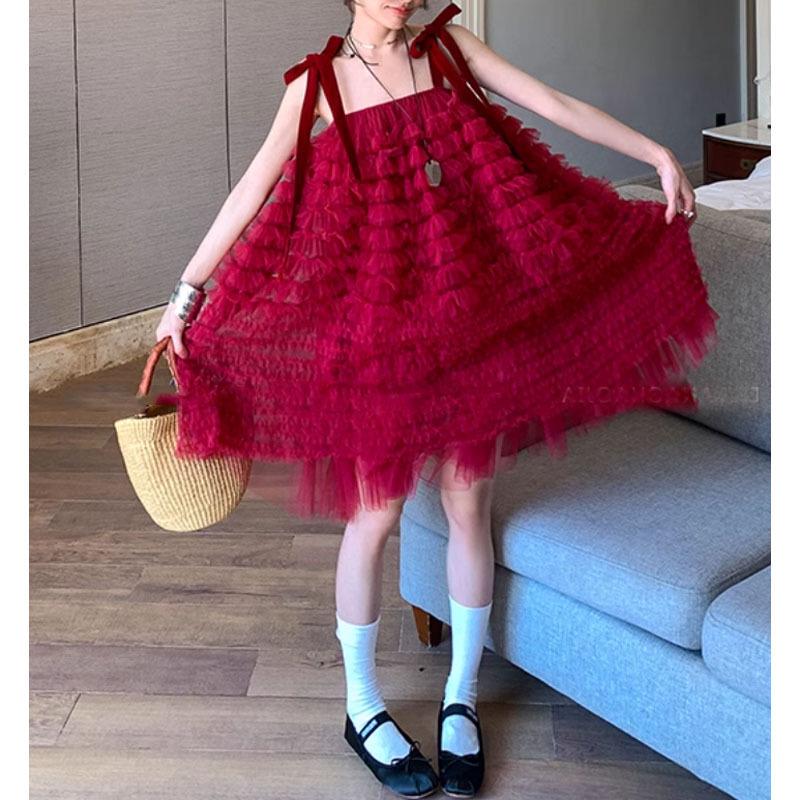 

Ethereal Velvet Tie-Up Mesh Dress with Puffball Skirt - Women s Spring 2025 Collection L красный