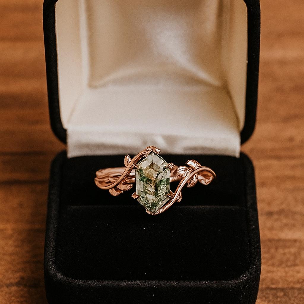 Hexagon Moss Agate Ring, Rose Gold Plated Silver, Leaf Design Nature Inspired Boho Engagement Ring for Women