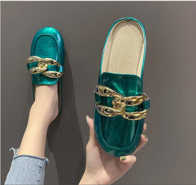 Brand Design Gold Chain Women Slipper Closed Toe Slip On Mules Shoes Round Toe Low Heels Casual Slides Flip Flop Plus Size