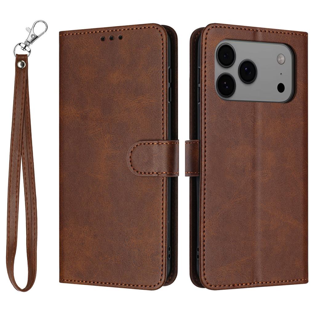 For iPhone 17 Pro Max Case Flip Stand Calf Texture PU Leather Wallet Phone Cover with Strap