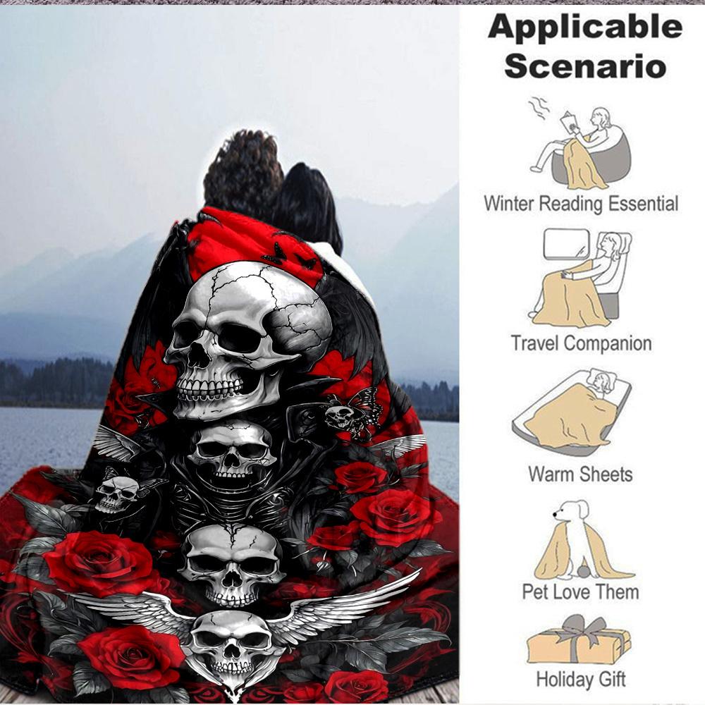 1pc Skull Roses Blanket, Lightweight Flannel Throw For Sofa, Bed, Travel, Camping, Livingroom, Office, Couch, Chair, And Bed,