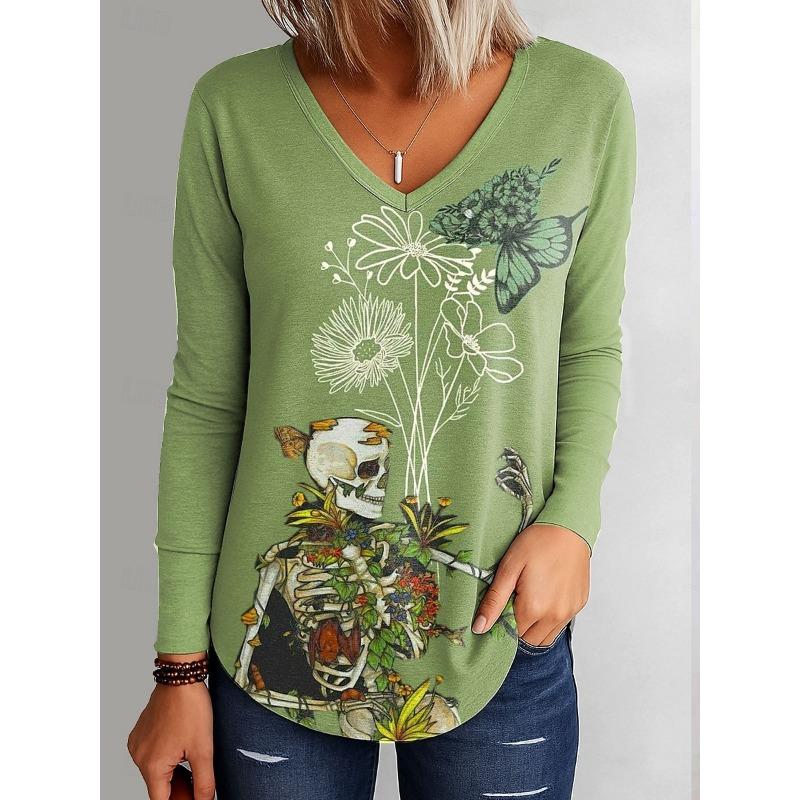 Halloween Women's T-Shirts Graphic Skull Elegant Vintage Tees Long Sleeve T-shirts V-Neck Regular Tops Casual Pullover Fall