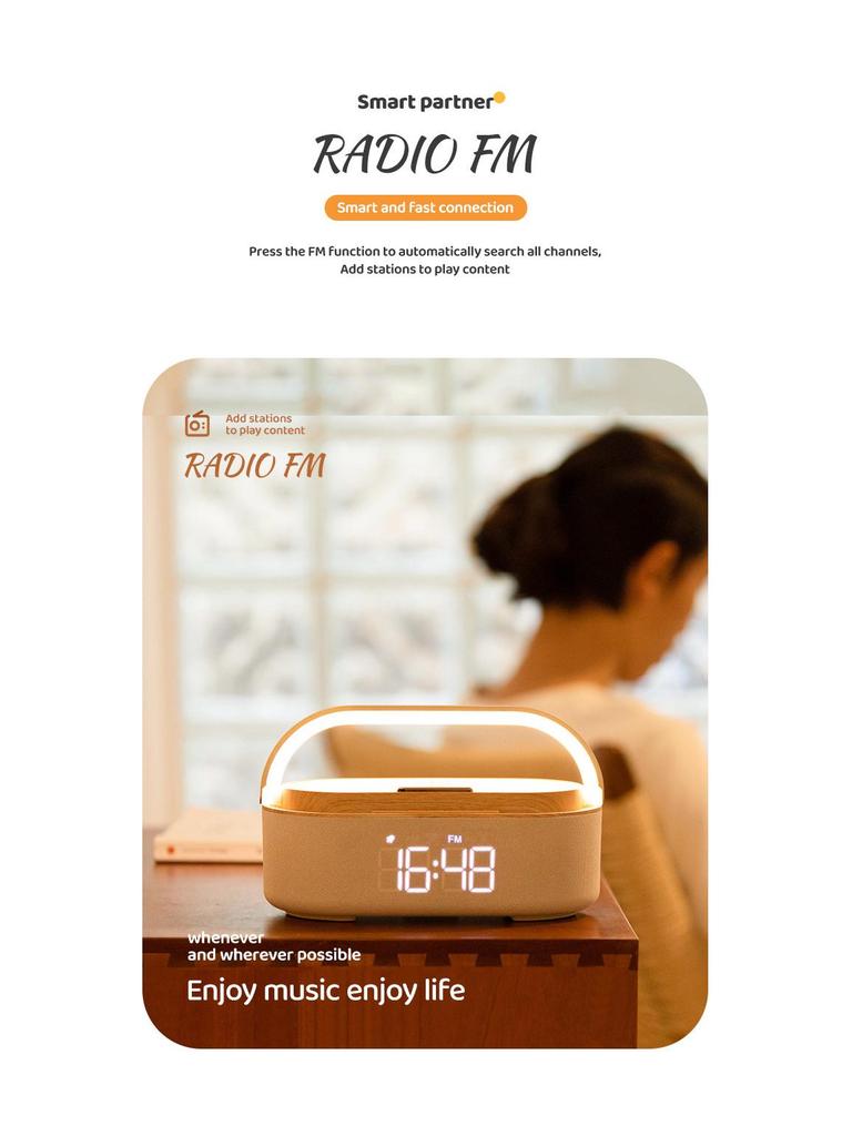 Alto-falante Bluetooth Multifuncional e Carregador Sem Fio com Despertador, Rádio e Lâmpada LED