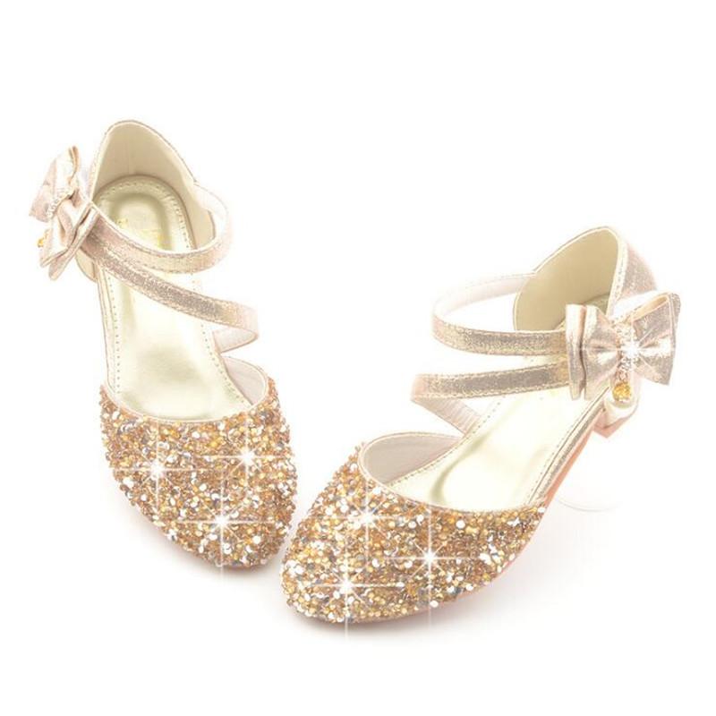 2026 Children Sandals Girl High Heels Princess Shoes For Girls Glitter Bowtie High heel Sandals Dress Party Shoe Size 26-38 26 золотой