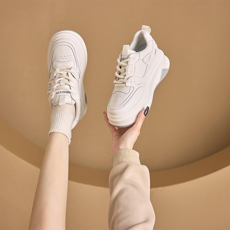 Platform women's shoes spring new fashion sports casual dad shoes women's versatile height increase leather white shoes