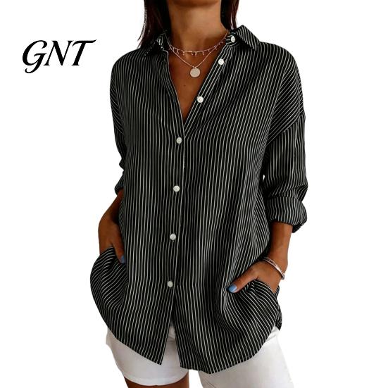 Office Work Tops Women Striped Shirt for Summer Autumn, Button Down Single Loose Fit Shirts Breasted Blouse, Dressy Casual Long Sleeve Collared