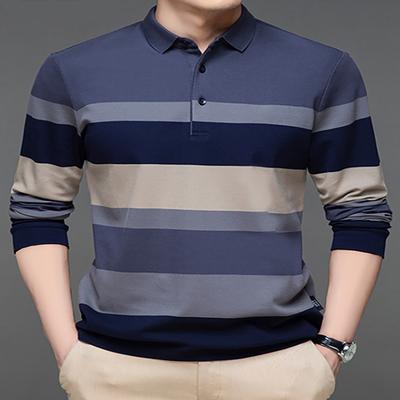 Herren Frühling und Herbst Neuprodukt Langarm Poloshirt für Mittelalte und Jugendliche, Herbstkleidung, Gestreiftes T-Shirt mit Kragen