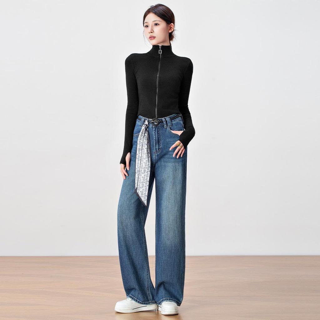 Trendy Autumn 2025 Women's High-Waisted Wide-Leg Jeans with Ribbons - Slimming, Versatile Korean Style.