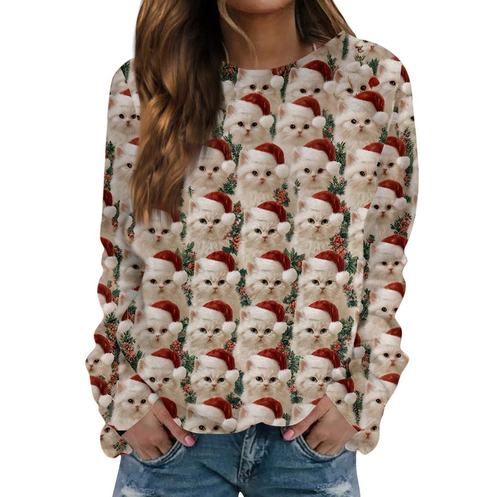 Dámské módní ležérní tričko s dlouhým rukávem s retro vánočním potiskem sněhuláka a kulatým výstřihem