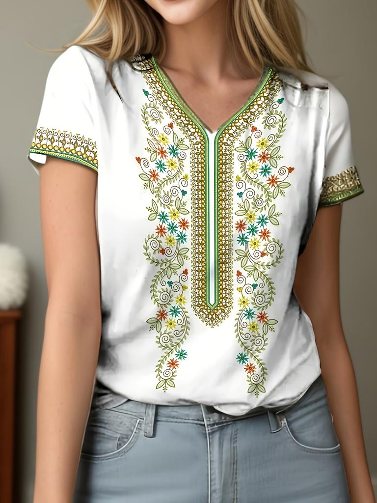 Casual ethnic style T-shirt summer short-sleeved V-neck women's top