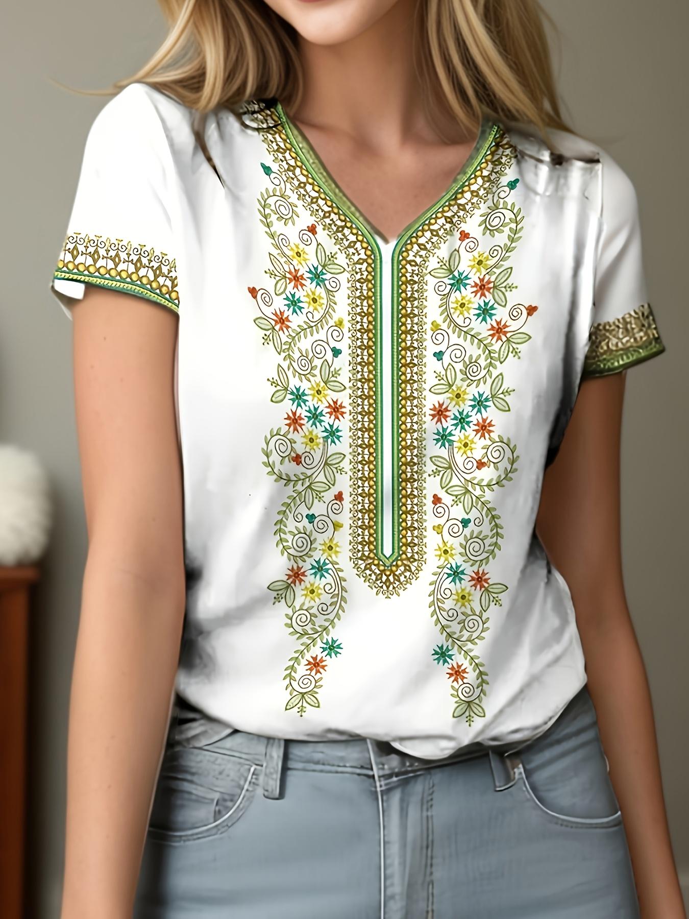 

Casual ethnic style T-shirt summer short-sleeved V-neck women s top XL