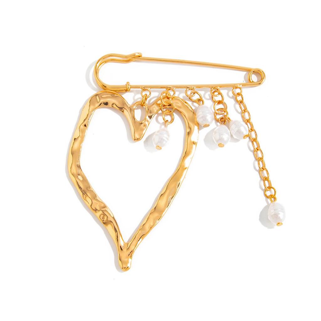 Exaggerated French Lava Heart Brooch with Pearl Tassel Chain