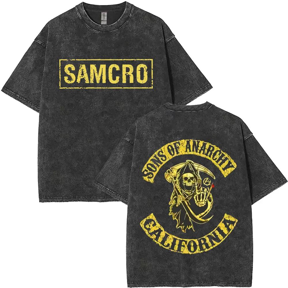 Omezená Anarchie Syn Samcro Vintage Praná Tričko Pánské a Dámské Kostra Hip Hop Rock Ležérní Tričko Krátký Rukáv Top
