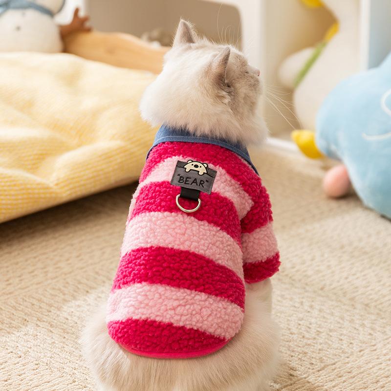 Cat Autumn and Winter Bear Striped Shirt Collar Flannel Medium and Small Dog Dog Hairless Cat Pet Cat Clothes
