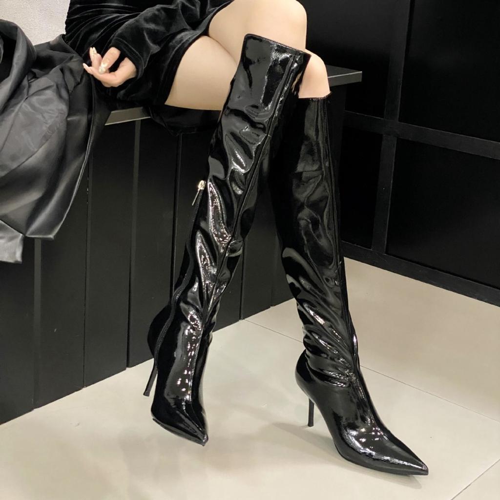 2025 autumn and winter new pointed head thin heel high heel temperament French fashion small patent leather sexy beautiful women boots
