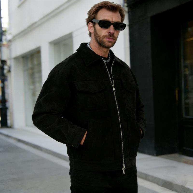European and American Men's Suede Velvet Zipper Jacket with Large Pockets and Lapel.
