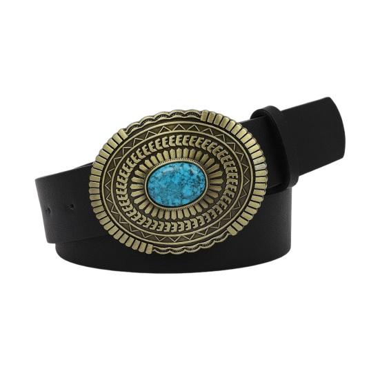 Western Belt Retro Turquoise Design Distressed Silver Buckle Faux Leather Wide Navajo Ethnic Style