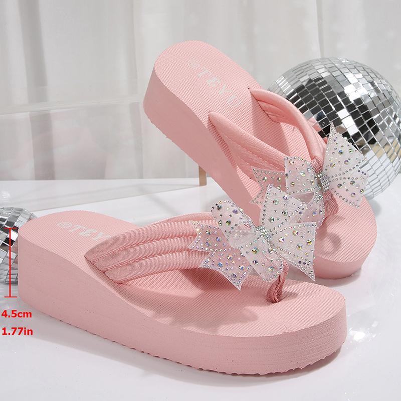 Fashion Crystals Bowknot Pink Flip Flops Women 2025 Summer Lightweight Wedge Heels Slippers Woman Clip Toe Eva Thick Sole Sandals Female