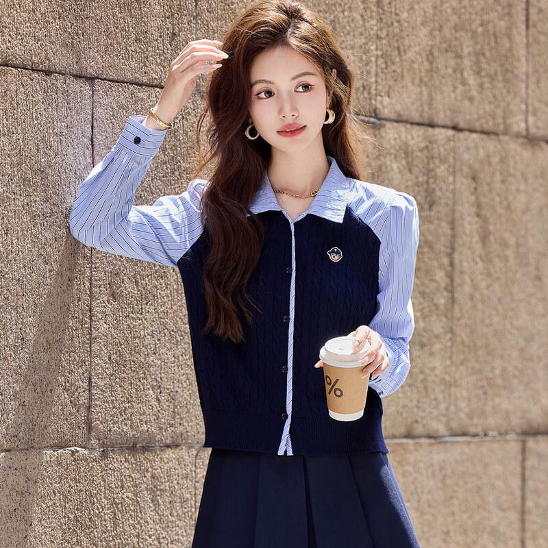 Bailuyu Preppy Style Faux Two-Piece Lapel Cardigan L