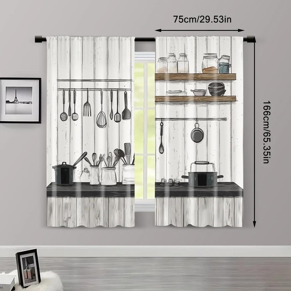 Vikama Retro Kitchen Utensil Curtain Black White Wood Grain Pattern Home Window Decor Panels Room Darkening Polyester Ideal For Cooking Area