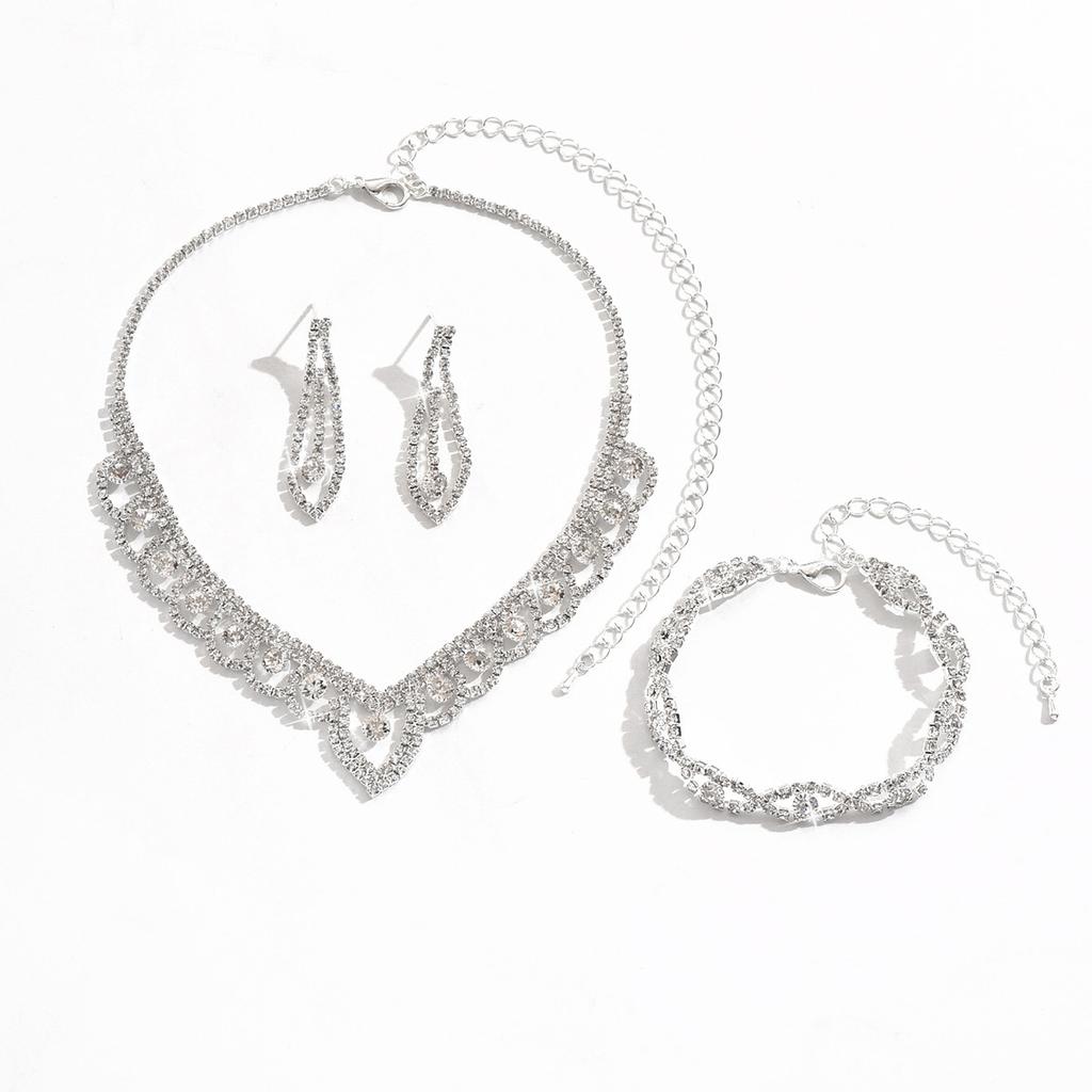 Lace Circle Rhinestone Women's Silver Necklace Earrings Bracelet Ring Four-piece Wedding Photography