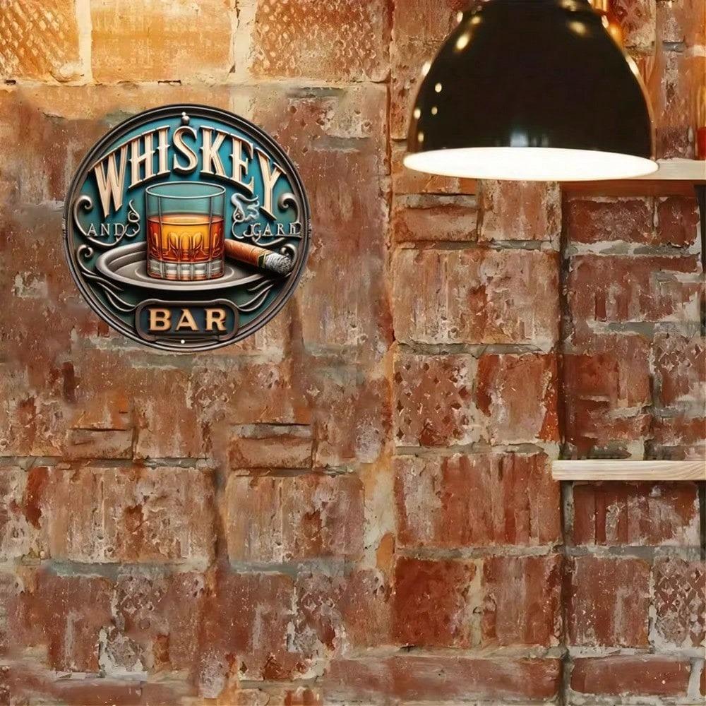 Vintage Whiskey Cigar Tin Sign, Round Metal Art Poster for Home Bar Garage Festive Indoor Outdoor Decor