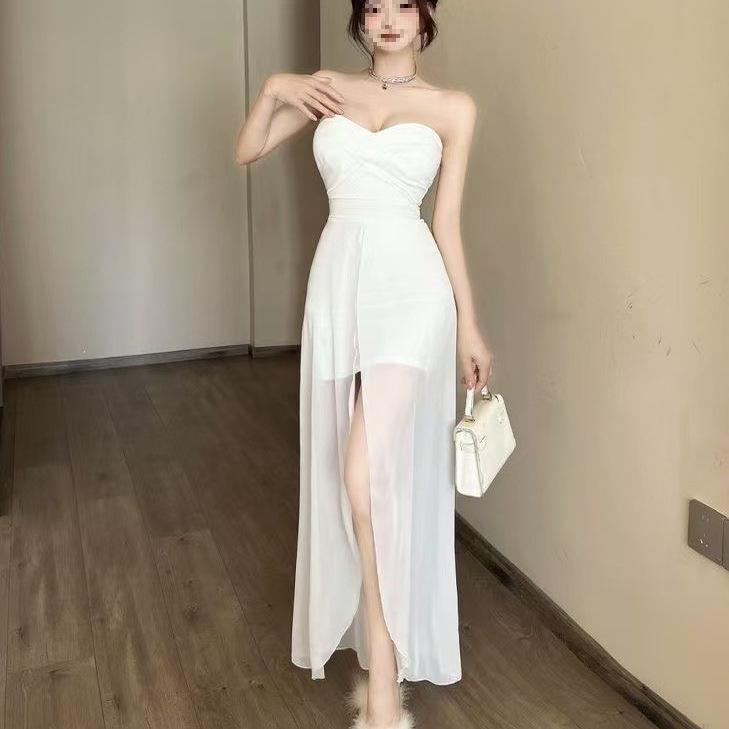 French Chic One-Shoulder Mesh Patchwork Leg-Slit Bodycon Dress