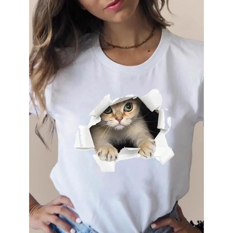 Summer Round Neck Cat Pattern Printed Top Fashionable Casual Short Sleeved Women's Pure Cotton T-shirts