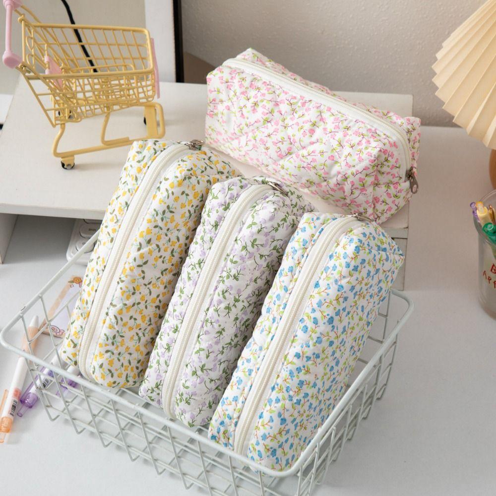 Floral Design Pencil Case Polyester Stationery Organizer Floral Quilted Pen Bag Students Gift