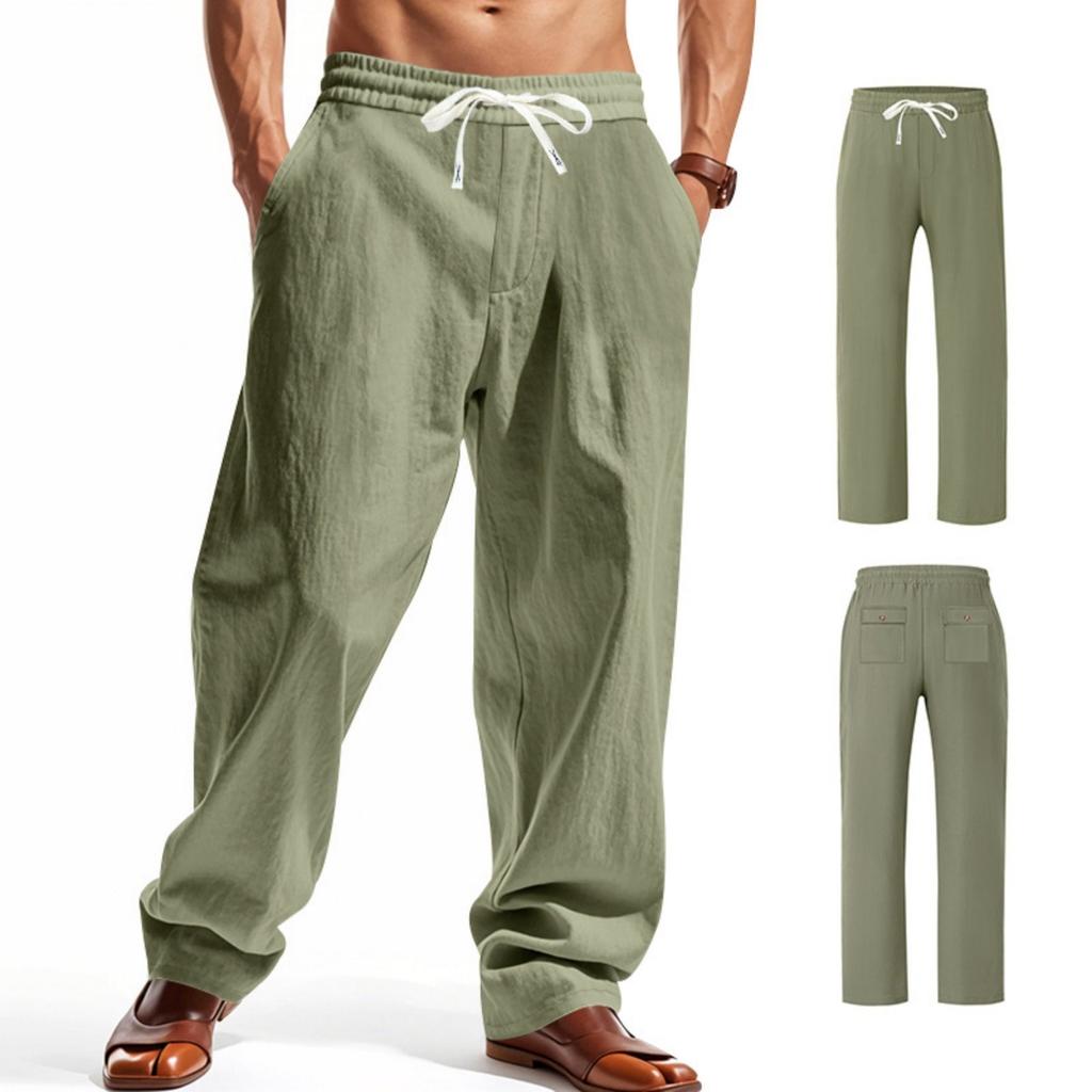 Linen Pants, Men's Casual Solid-color High Street Wide-leg Cargo Pants, Lace-up Work Pants With 4  Pockets