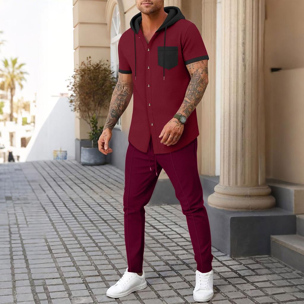 Men  Sports  Leisure  Waverg  Hooded  Hood  Short  Sleeves  Trousers  Set