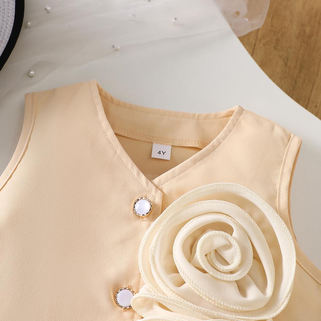 2PCS Girls Flower Applique Sleeveless Vest & Pleated Skirt Set, Button-Down Two-Piece Outfit