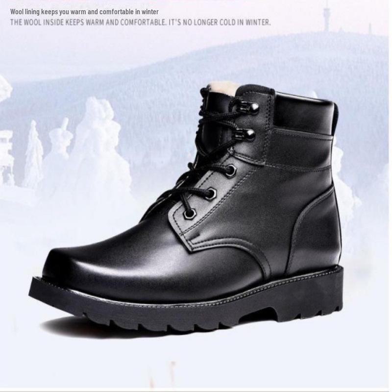Pánské zimní vlněné kožené bojové boty s ocelovou špičkou a podrážkou – Hřejivé boty Martin s podšívkou ze sametu s vojenským háčkem pro bezpečnost.