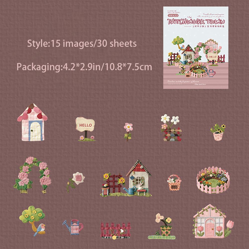Hard card sticker pack, 4 styles of patchwork town series, DIY collage with fabric texture theme, student ledger decoration