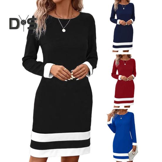 Women Elegant Pullover Dress Striped Print O Neck Long Sleeve Casual Dress Spring Autumn Mini Dress Slim Fit Dress