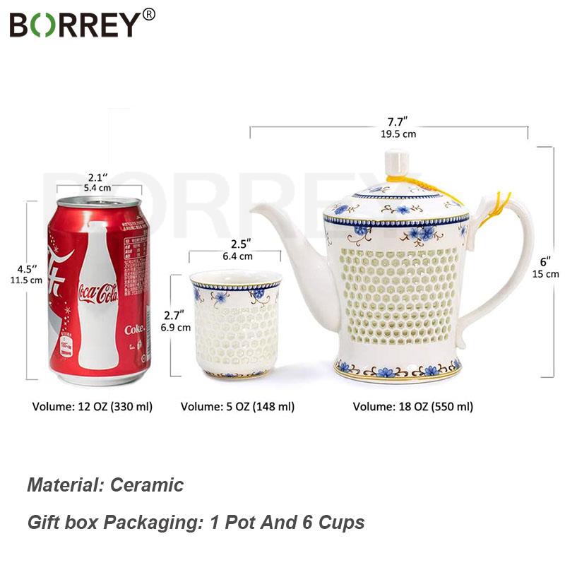 BORREY Ceramic Grain Porcelain Tea Set 1pot6Cups In Gift Box Ling Long Devil's Work Floral Kung Fu Teapot Puer Oolong Tea Kettle