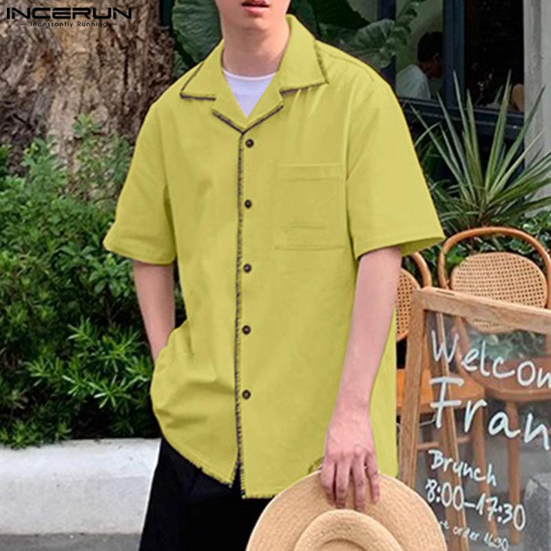 INCERUN Cămăși de vară pentru bărbați cu mânecă scurtă, cusături casual, vintage, din bumbac
