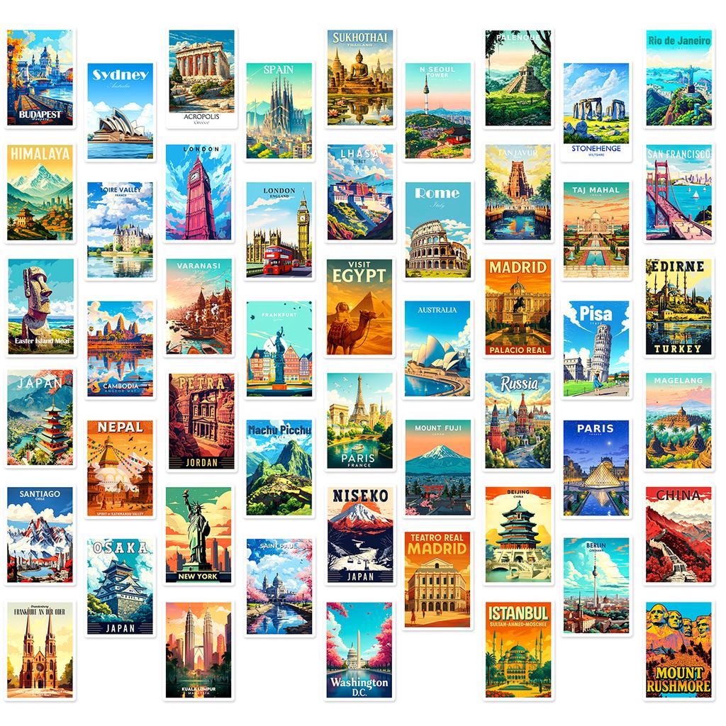 50Pcs/Set Famous City Landmarks Mini Poster Stickers DIY Fashion Waterproof Doodle Decals Stickers (2 Styles)