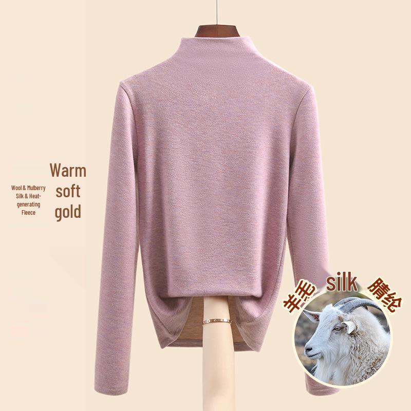 Women's Mulberry Silk Wool Fleece-Lined Warm Base Layer, Mid-High Neck, Autumn/Winter 2025 Collection