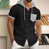 Men's Summer Hooded T-shirt Short Sleeved Button Down Tee with Chest Pocket Waffle Color Block Casual Hoodie T-shirt for Gym Street Wear