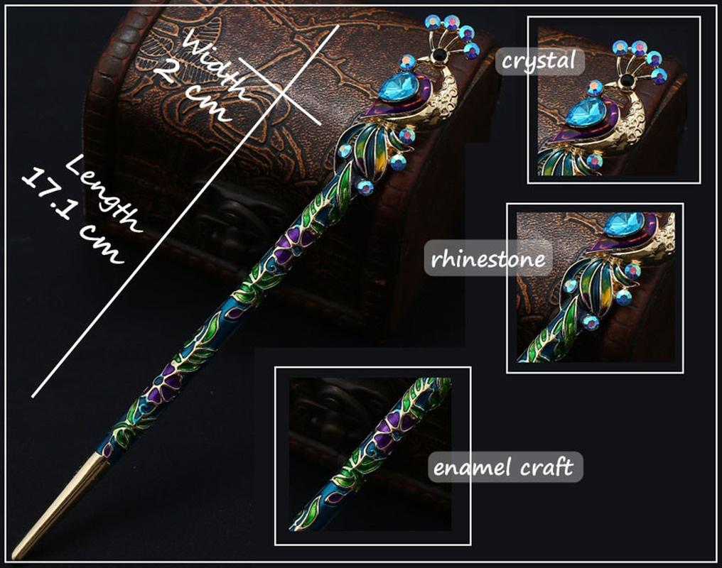 Retro Women Enamel Crystal Peacock Hair Stick Hairpin Chinese Style Handmade Hair Accessories