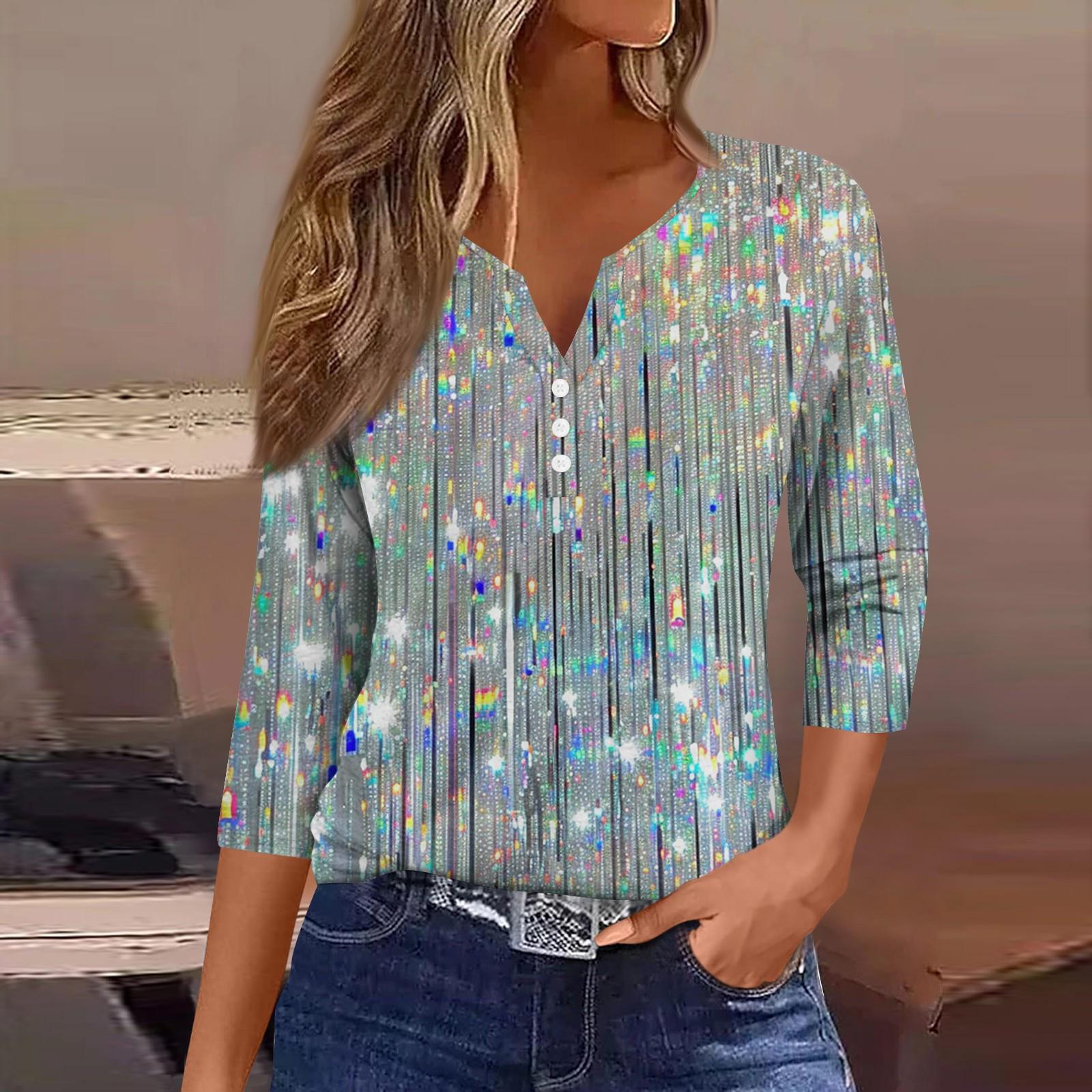 

Жен. Футболка Футболка С принтом Пуговицы Рукав 3/4Ежедневно Выходные Мода Классический Топ с v-образным вырезом Обычный S