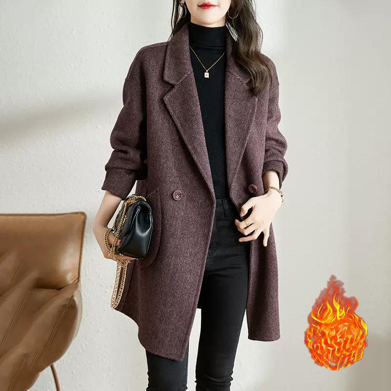 Lila Koreanischer Stil Verdickter Tweed-Mantel Herbst und Winter Aktualisierter Stil Hochwertiger Fischgrätenmuster-Mantel für Damen Mittellang