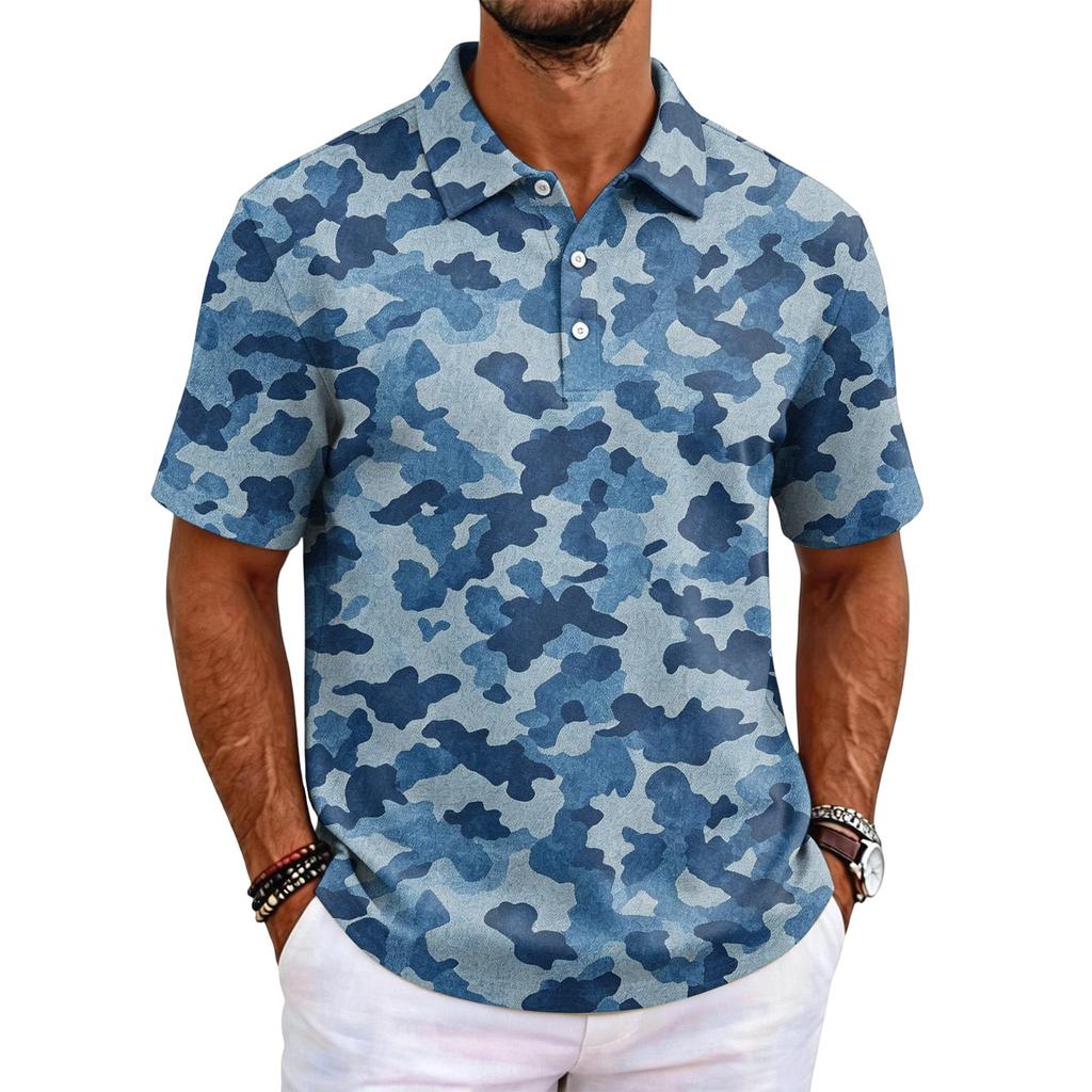 Men's Camouflage Polo Shirt Slim Fit Short Sleeve Business Casual Collar Buttoned Front Breathable Fabric Lightweight Design