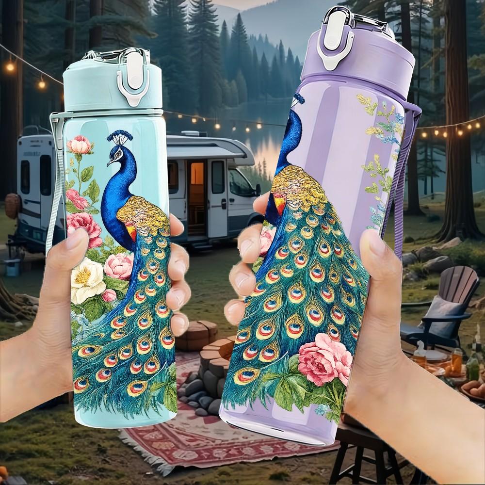 1PC Peacock Flower Botanical Art Print 750ml Color Plastic Sports Water Bottle Leakproof Flip Straw Lid Suitable for Sports Office Home Use