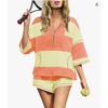 Schwarz-Weiß Colorblock Halbreißverschluss 3/4 Ärmel Oberteil & Shorts 2-teiliges Set