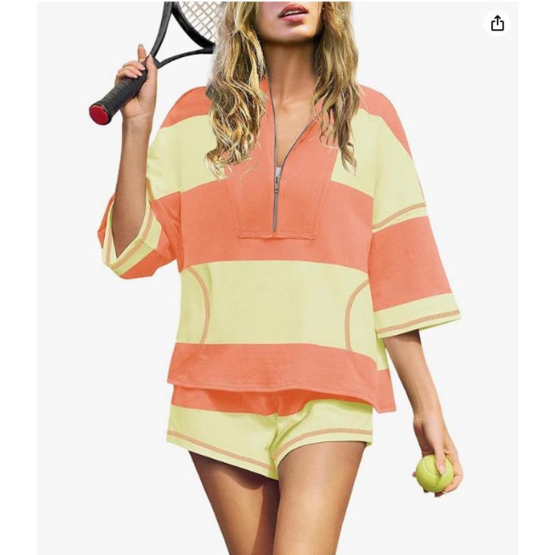 Schwarz-Weiß Colorblock Halbreißverschluss 3/4 Ärmel Oberteil & Shorts 2-teiliges Set