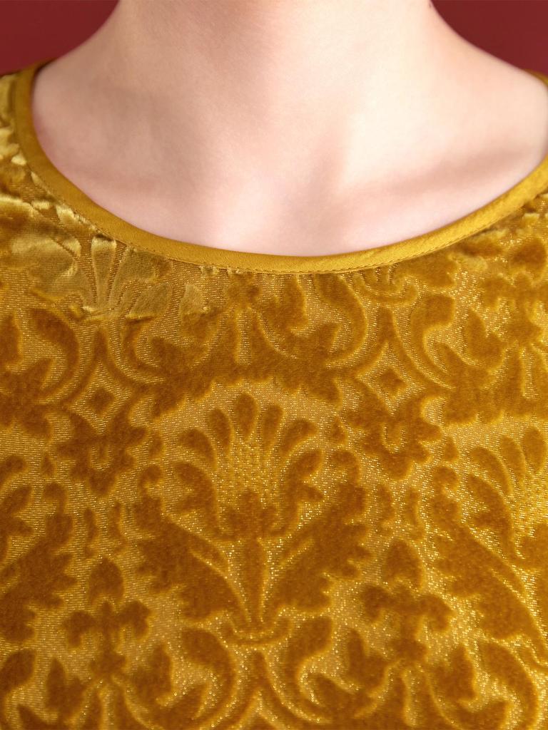 Damtopp med lång ärm i sidenvelour - Ungdomligt kinesiskt lapptäcksmönster, Rundhalsmodell