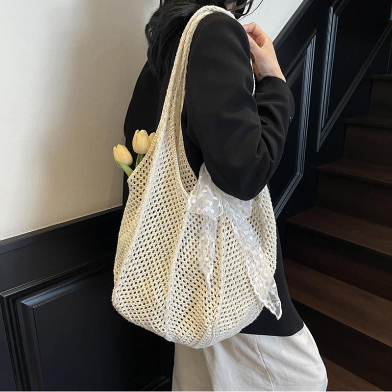Yogodlns Women Hollow Out Crochet Tote Bag Fashion Knitted Bag Large Capacity Scarf Decor Handbag Female Summer Beach Solid Color Woven Shoulder Bag