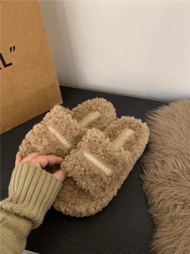 Design sense niche curly hair thick sole outer wear Mao Mao slippers spring and summer versatile women's shoes fleece comfortable casual cotton mop